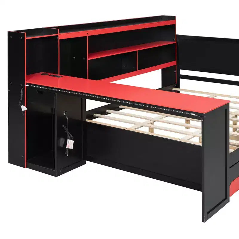 Letto a Giorno Gamer Hub con Scrivania, Luci RGB, Stazione di Ricarica, Cassetti e Testiera Libreria