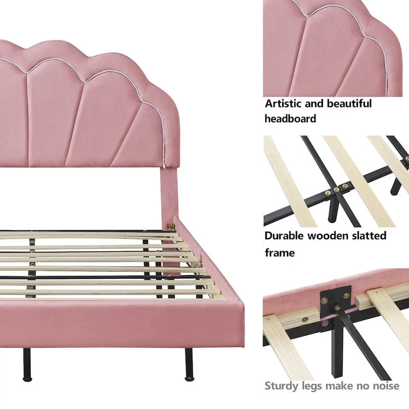 Comodino a 2 Pezzi Letto a Piattaforma Matrimoniale a LED con Pouf Contenitore