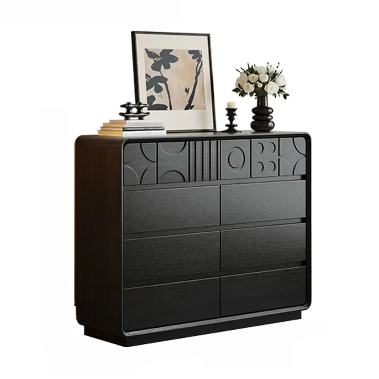 Cassettiera in legno ispirata all'Art Déco con intagli geometrici