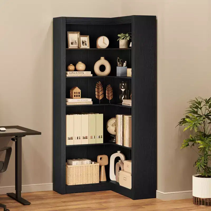 Libreria angolare a 5 ripiani a forma di L, in stile retrò, Bianco/Nero/Legno, singola