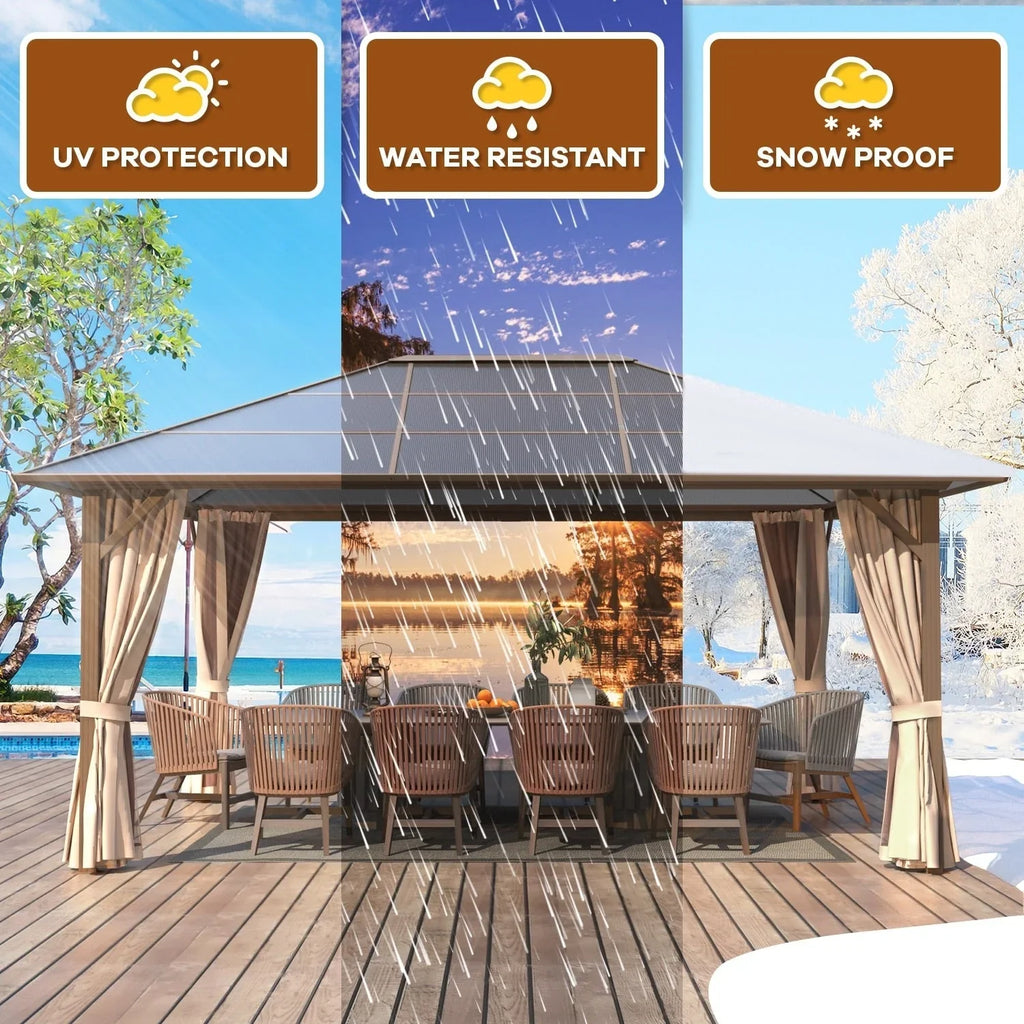 EROMMY Gazebo a tetto rigido, Pergola da esterno con doppio tetto, zanzariere e tende, Tenda da sole resistente per patio, cortile, feste in piscina