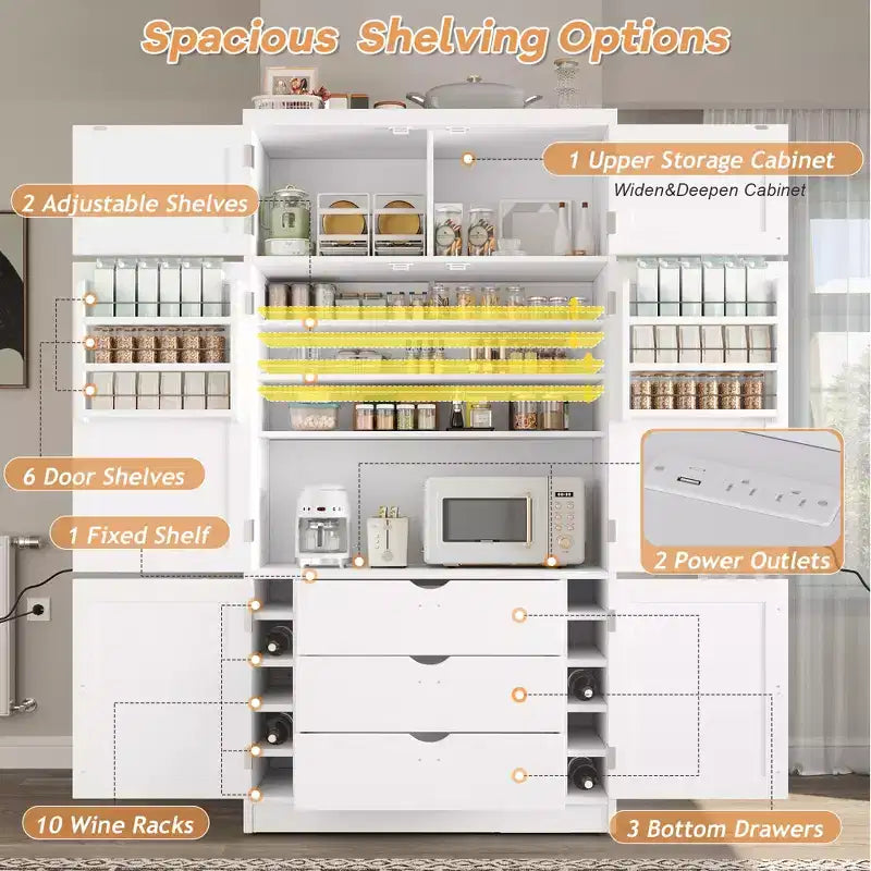 Dispensa Alta da Cucina con Prese di Corrente, Grande Credenza Autoportante con Supporto per Microonde, Cassetti, Scaffali, Portabottiglie e Ante con Ripiani