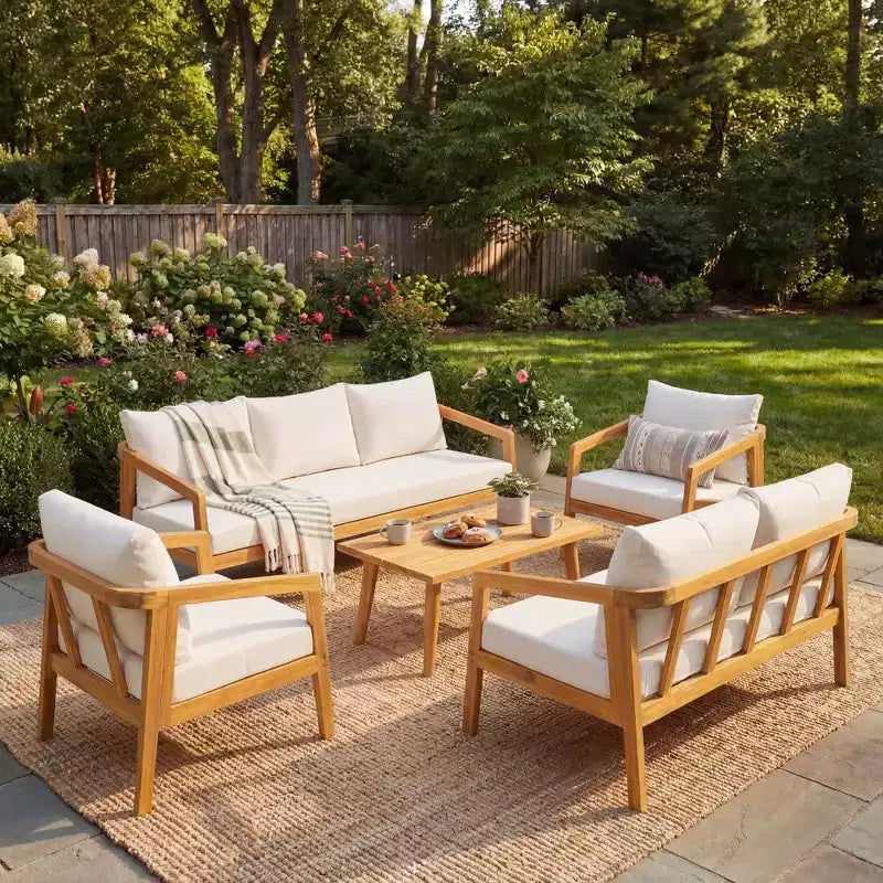 Christopher Knight Home Sunny Set Salotto Moderno a 5 Pezzi in Acacia con Tavolo Rettangolare a Doghe e 7 Posti
