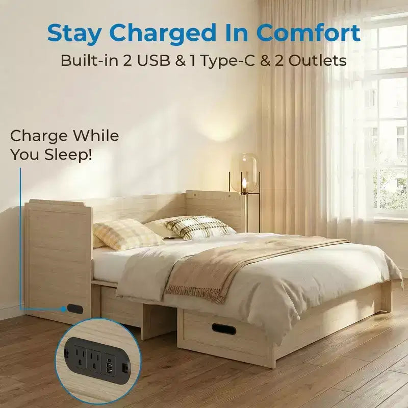 Mjkone Letto a Scomparsa Convertibile Matrimoniale Queen Size con Ricarica USB, Cassetti Contenitori, Materasso Escluso