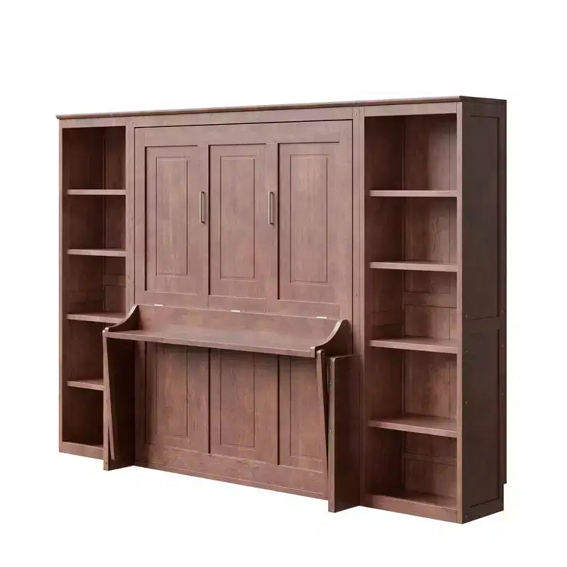 Letto a scomparsa matrimoniale/queen size salvaspazio con scrivania e libreria, marrone scuro - ModernLuxe