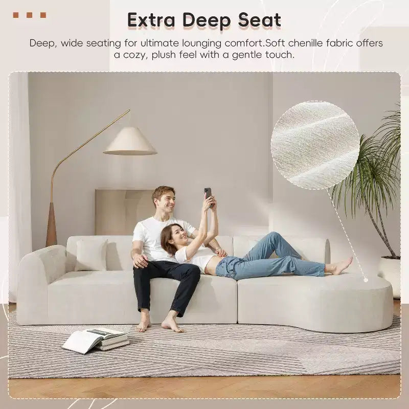Divano componibile curvo moderno da 140 pollici con chaise longue, set da 3 pezzi, per soggiorno