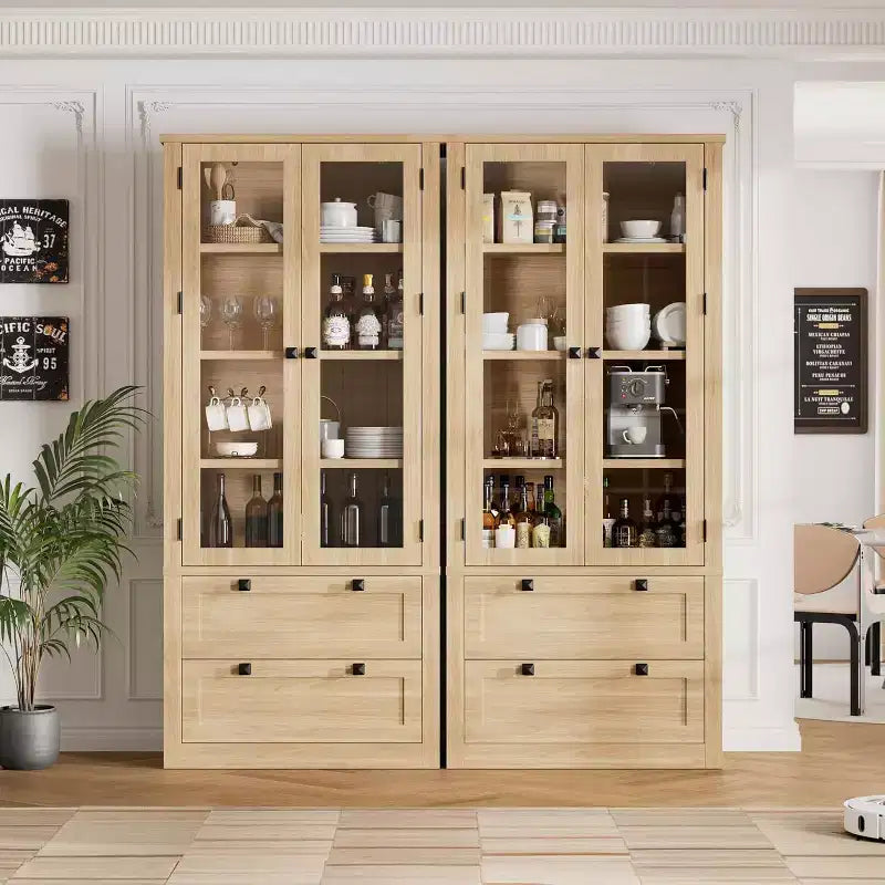 Dispensa da Cucina Coloniale con Ante in Vetro, Armadio Contenitore da 72 pollici con Cassetti e Ripiani Regolabili per Sala da Pranzo Bagno Soggiorno