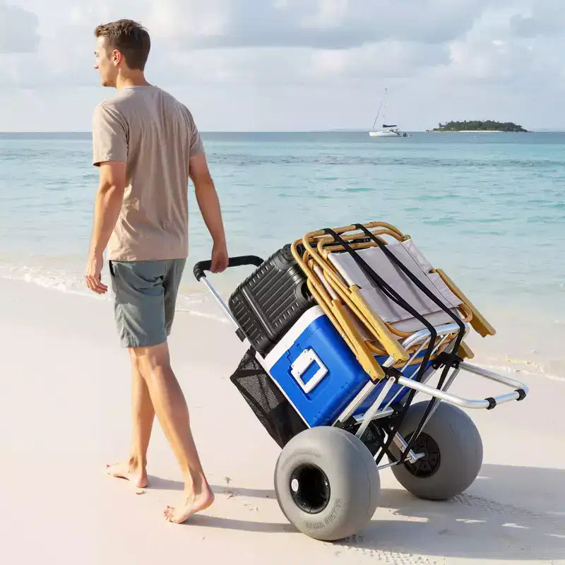 VEVOR Carrello da Spiaggia con Grandi Ruote per Sabbia, Piattaforma di Carico 50,8x38,1 cm, Carrello Pieghevole per Sabbia con Ruote a Palloncino da 30,5 cm, Capacità di Carico 75 kg, Argento+Nero
