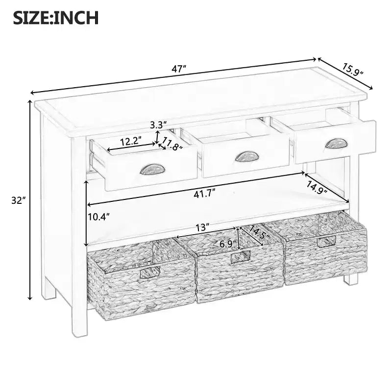 Consolle da Ingresso con Contenitore, Tavolo da Ingresso Stile Rustico con 3 Cassetti e 3 Cesti in Giacinto d'Acqua per Soggiorno o Ingresso - Panipeachy