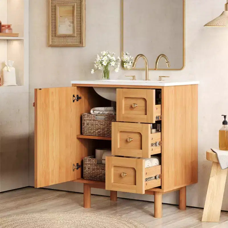 Mobile lavabo JVNOXK da 30 pollici, rustico e moderno, in ceramica, con 3 cassetti e 1 anta grande con chiusura ammortizzata, mobile contenitore, venatura del legno naturale