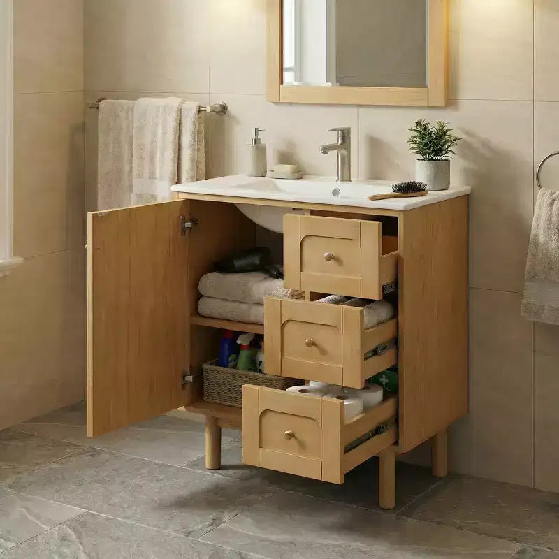 Mobile lavabo JVNOXK da 30 pollici, rustico e moderno, in ceramica, con 3 cassetti e 1 anta grande con chiusura ammortizzata, mobile contenitore, venatura del legno naturale