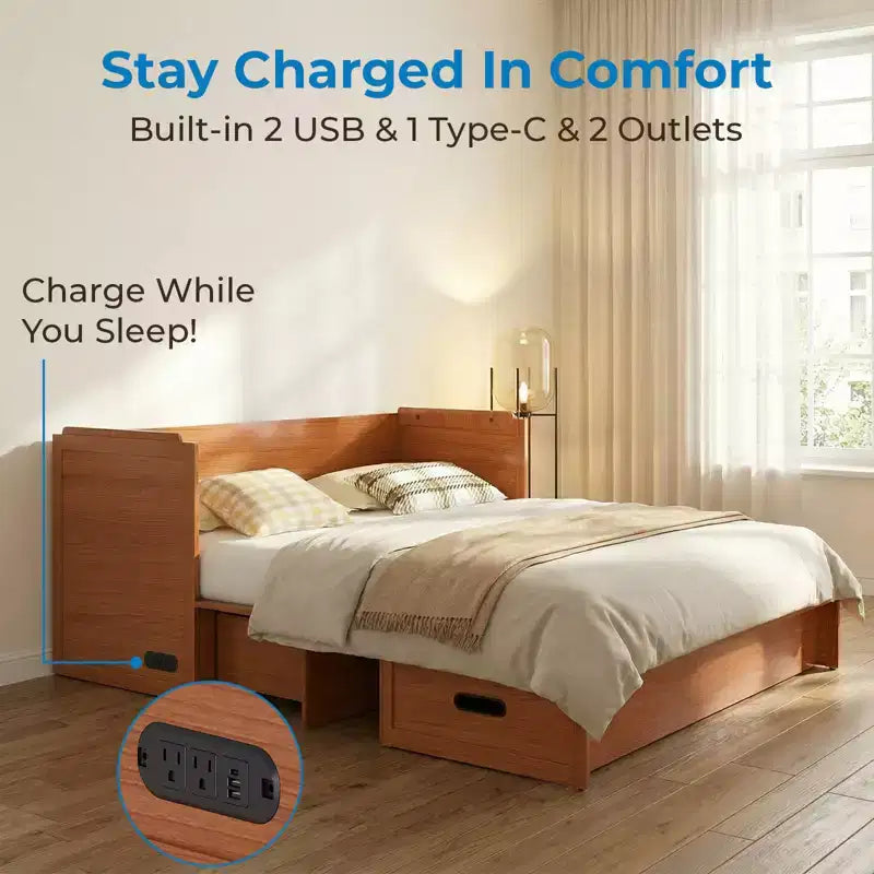 Mjkone Letto a Scomparsa Convertibile Matrimoniale Queen Size con Ricarica USB, Cassetti Contenitori, Materasso Escluso