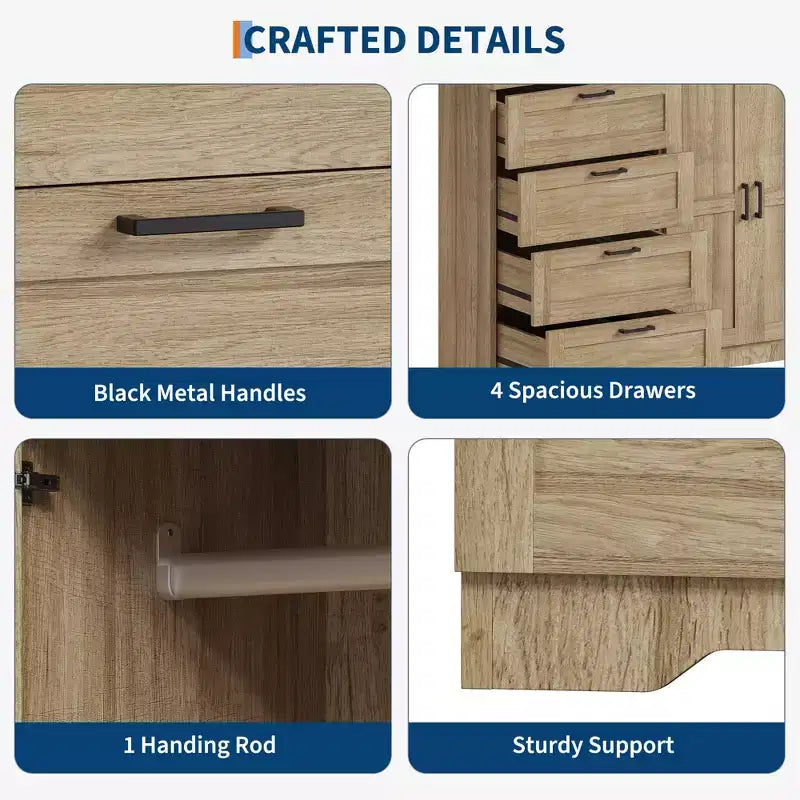 Guardaroba Armadio in Legno H 43.3 con 4 Cassetti e Asta Appendiabiti, Mobile Contenitore Multifunzionale per Camera da Letto