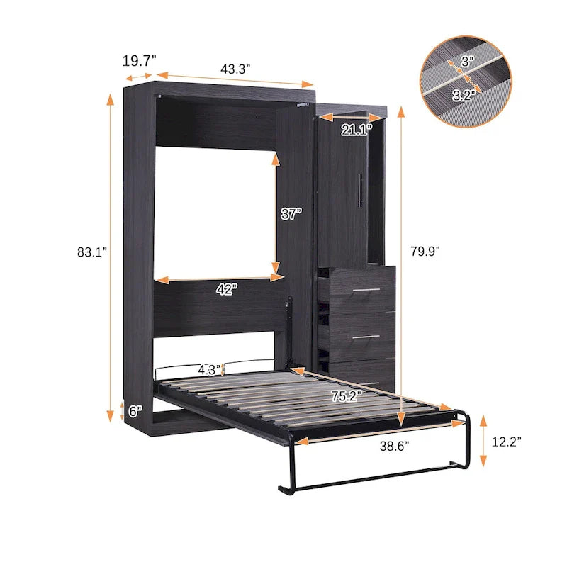 Letto Murphy pieghevole grigio con armadio e 3 cassetti, matrimoniale/singolo, 1 persona