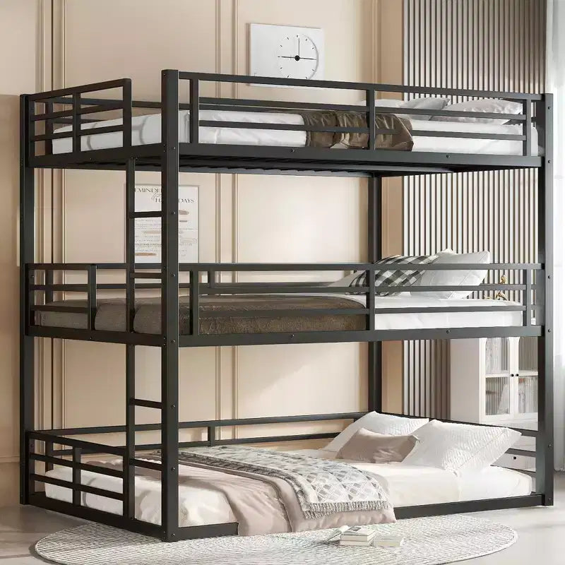 Letto a castello triplo completo, in metallo, con ringhiere di sicurezza, letto a castello robusto con design a riduzione di rumore, nero