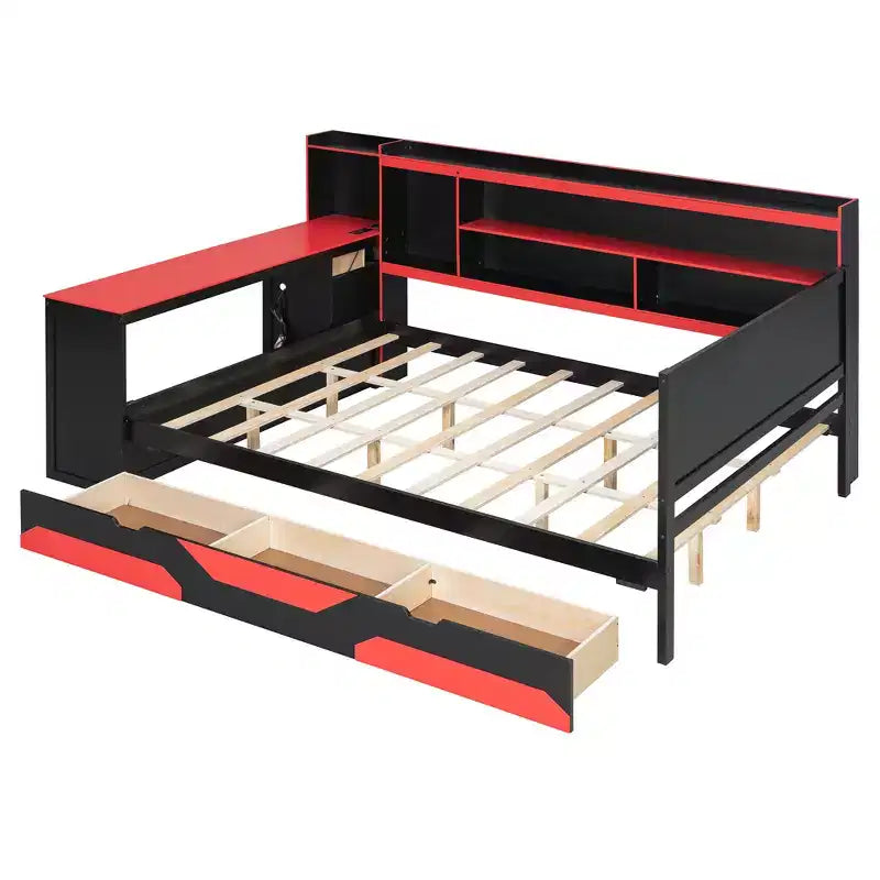 Daybed da gioco completo/queen size con testiera libreria, luci LED, scrivania integrata, cassetti e stazione di ricarica