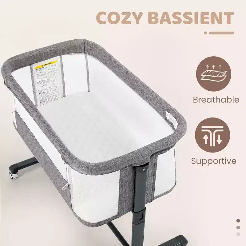 Culla Neonato con Ruote – Beige / Grigio / Rosa, Culla Fianco Letto, per 1 Neonato