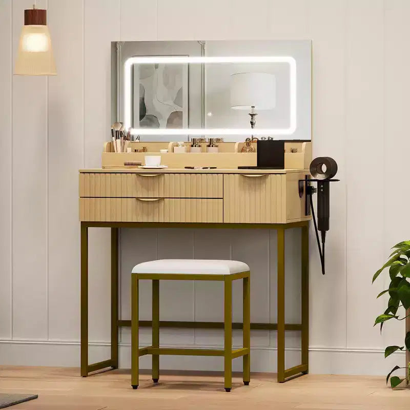 Coiffeuse avec miroir et lumières, miroir lumineux à LED, tiroirs de rangement spacieux pour produits cosmétiques et articles de toilette