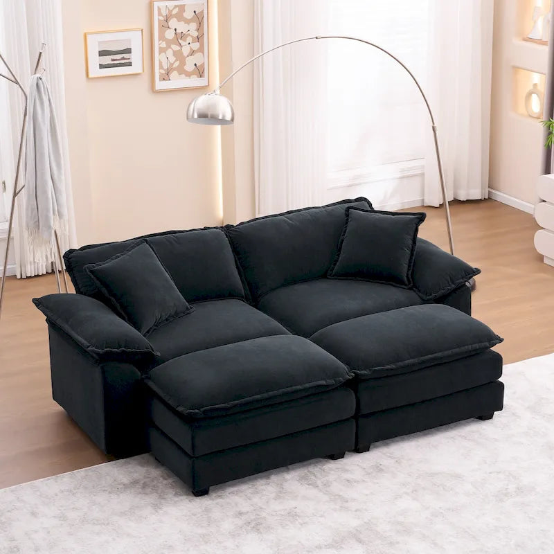 Canapé 2 places avec 2 coussins de siège, 2 oreillers et 2 poufs, canapé confortable - Canapé profond de salon, canapé modulable