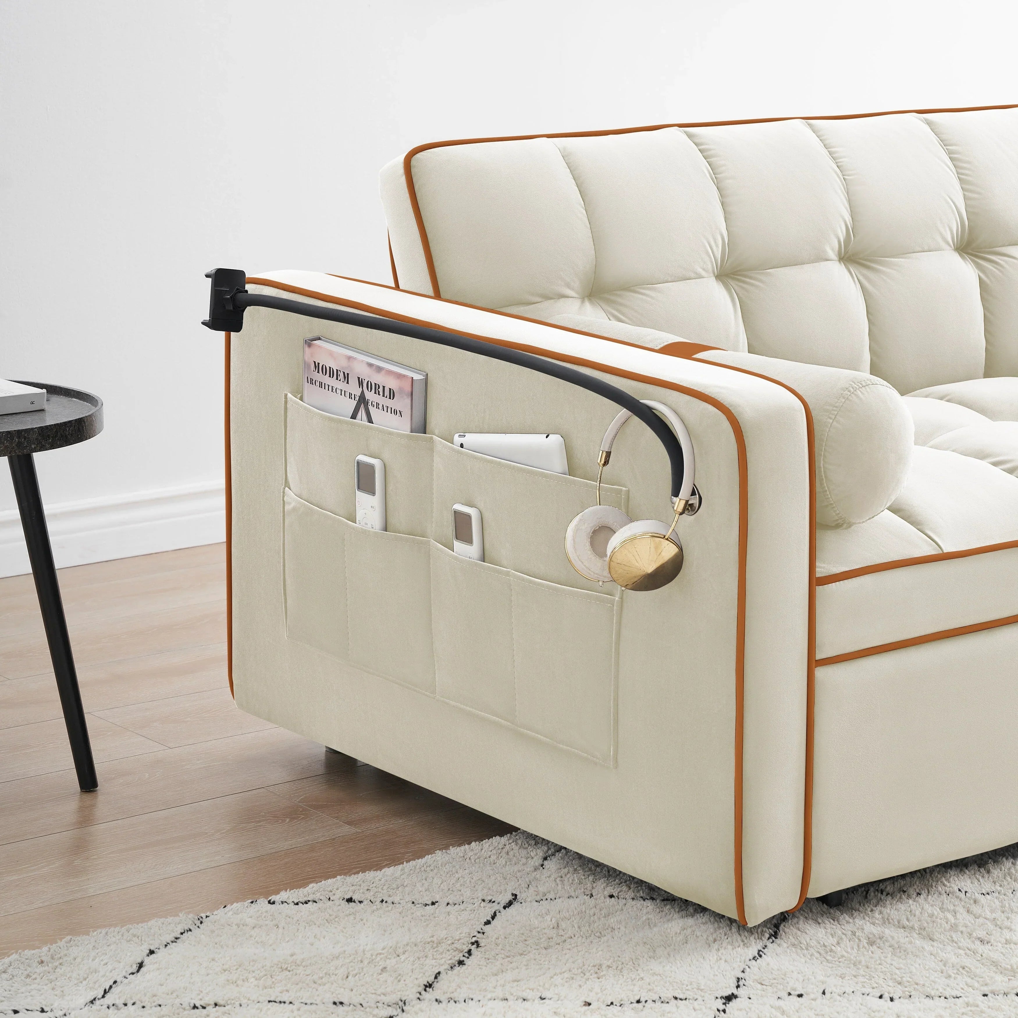Divano letto trasformabile a 2 posti in velluto da 140 cm con letto estraibile, reclinabile, tasche laterali e supporto per telefono