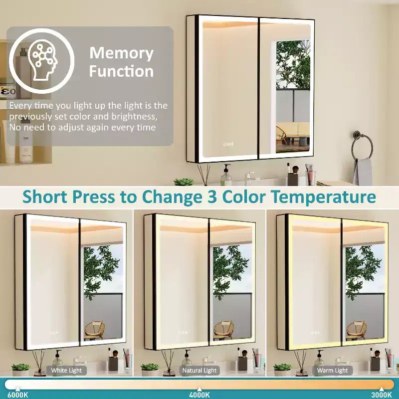 Pensile da Bagno con Specchio LED, Montaggio a Superficie o Incasso, Luce Dimmerabile, Antiappannamento, Ripiani Regolabili