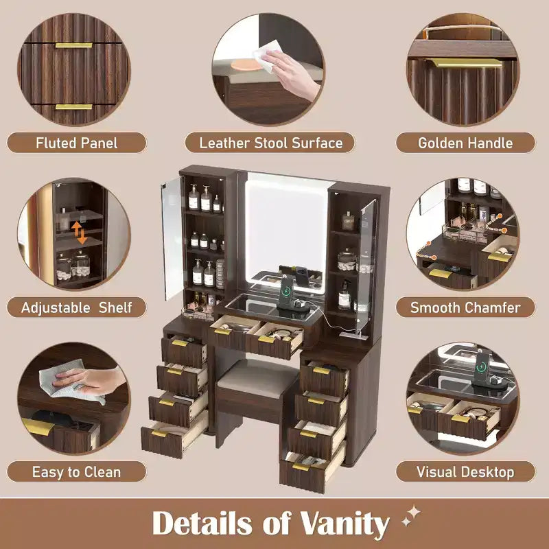 JVNOXK Set Toeletta Moderno da 43,5 Pollici con Specchio e Luce, con Cassetti e Mobiletto in Vetro Trasparente, Include Sgabello e Stazione di Ricarica, Marrone