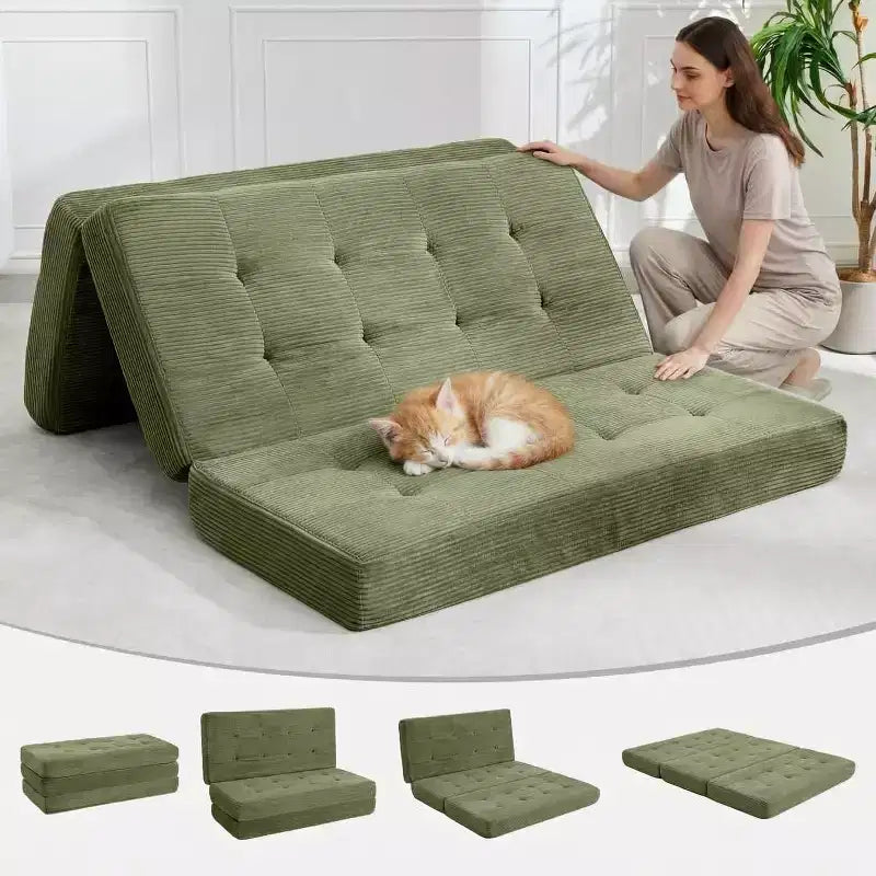SunnyFurn Matelas pliant triple 6 pouces pour canapé-lit, 75X54.3 Lit d'appoint pliable en mousse avec velours côtelé capitonné, portable pour le camping, le salon, la chambre à coucher