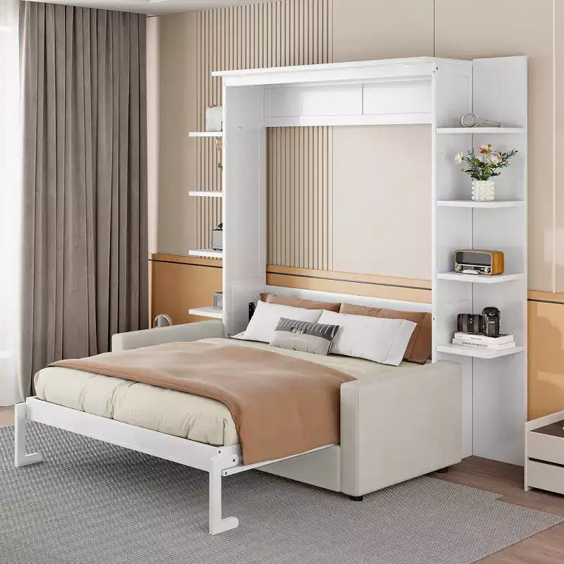 Letto a muro a scomparsa Whisen Modern Design con struttura in legno, Queen Size, con divano e mensole