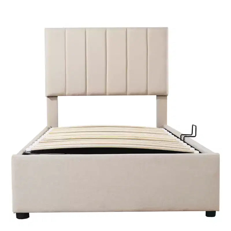 Bellemave Letto Matrimoniale Singolo con Contenitore a Sollevamento, Letto a Piattaforma Imbottito con Sistema di Contenitore Idraulico, Testiera a Strisce Verticali, Beige