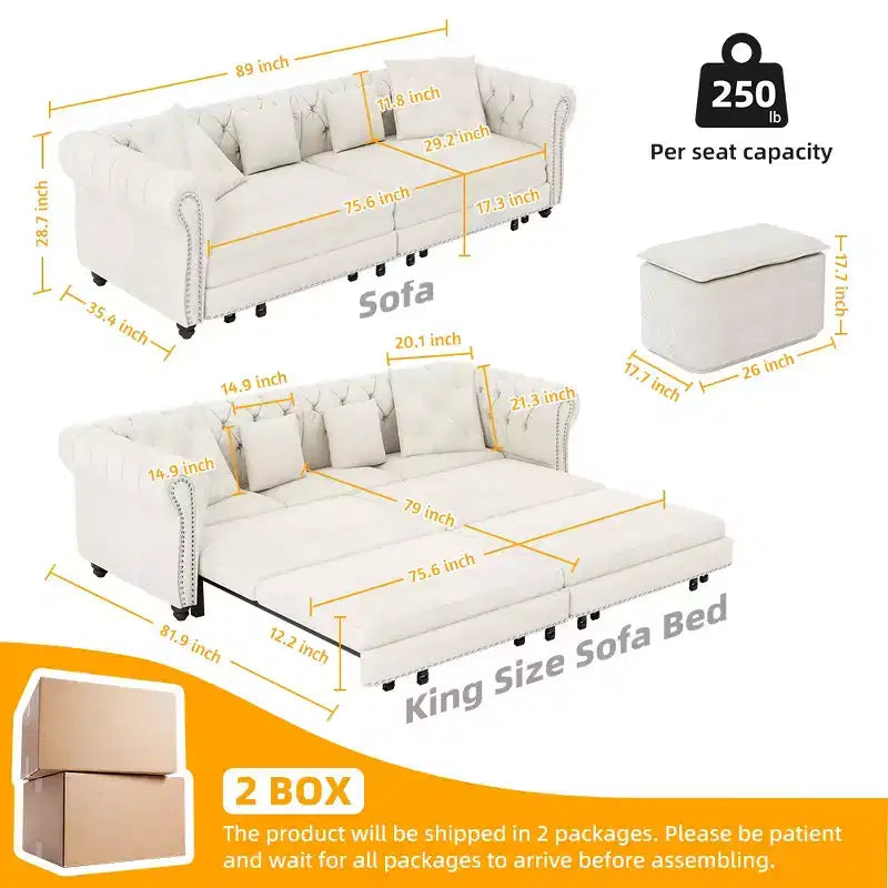 Divano Letto Estraibile 3-in-1 King Size in Velluto Whisen e Divano Letto Convertibile con Ottomana Mobile, Design Trapuntato