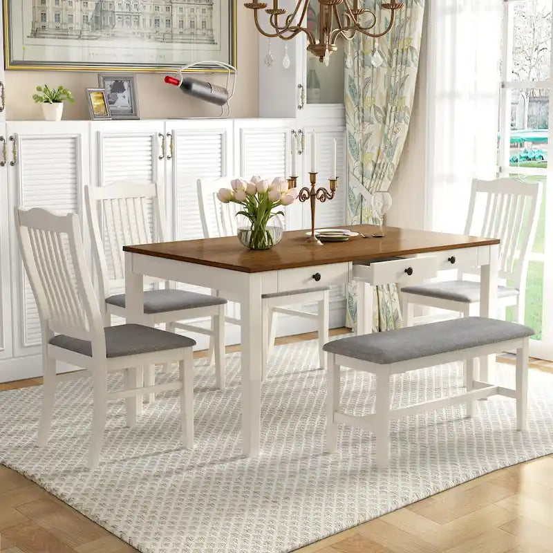 Set da pranzo di 6 pezzi in legno con 4 sedie e panca, tavolo con cassetto