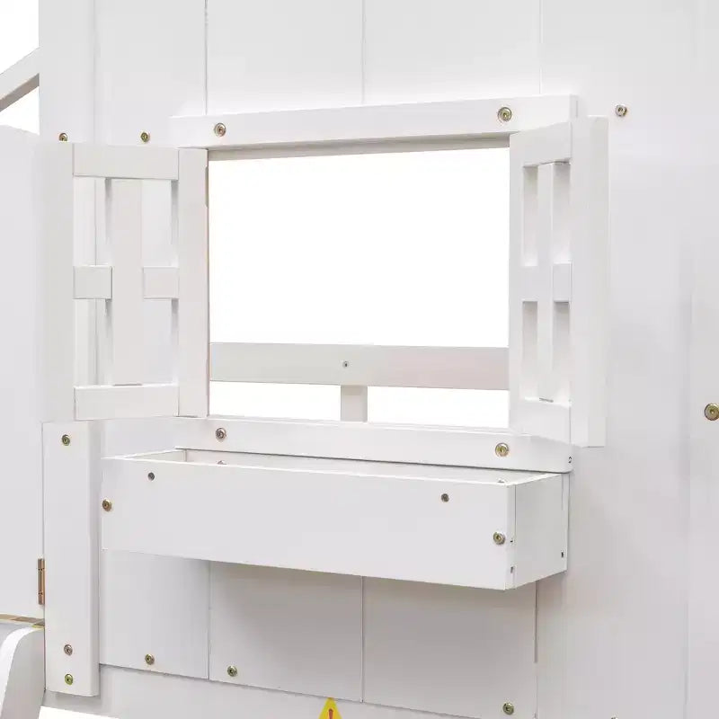 Letto a soppalco a forma di casetta con scaletta e spondine per bambini, in legno, misura singola