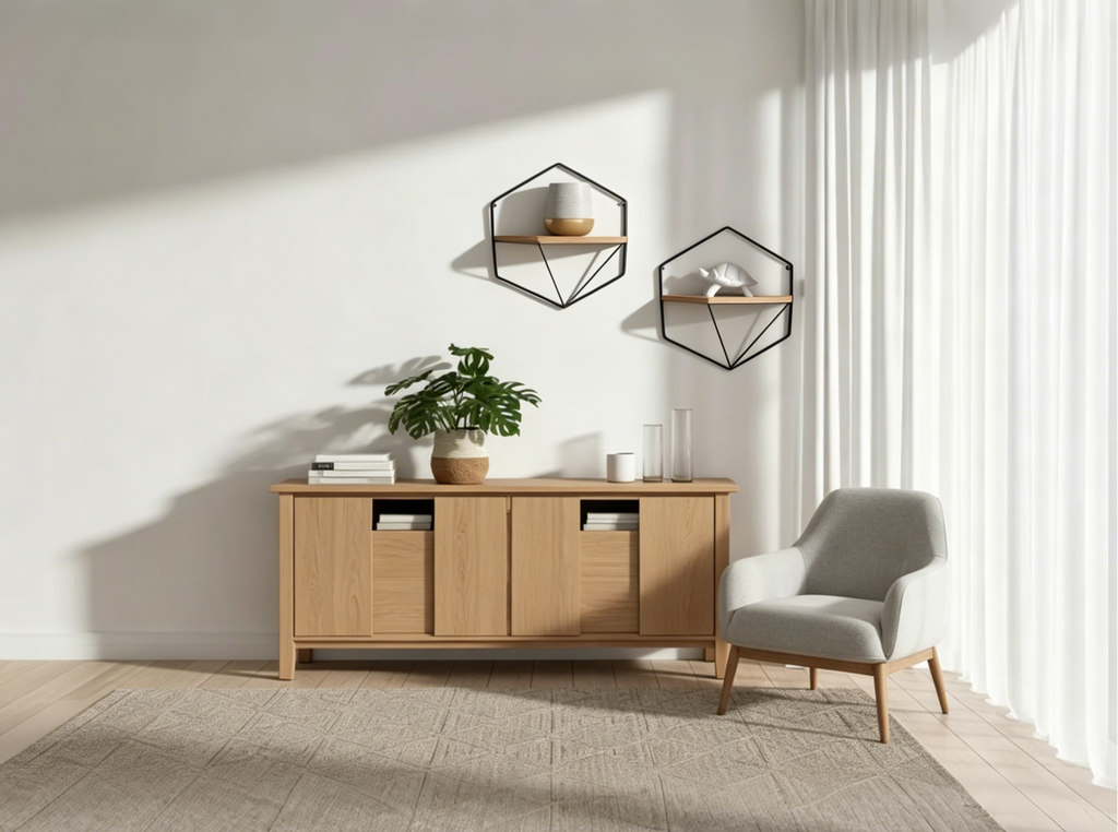 Mobile portaoggetti sospeso in metallo e legno con design rustico casual – Mensole geometriche da parete – Espositore sospeso per casa e ufficio – Set da 2, 20, 16