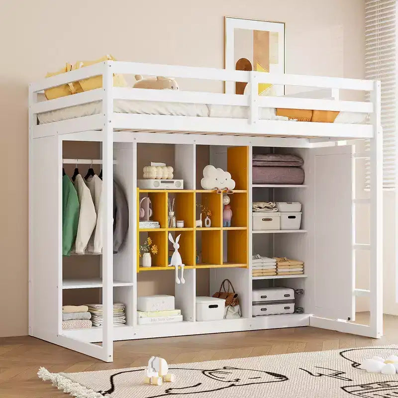 Letto a soppalco per bambini con armadio e mensole, Struttura in legno per letto a soppalco con mobiletto contenitore per bambini e ragazzi