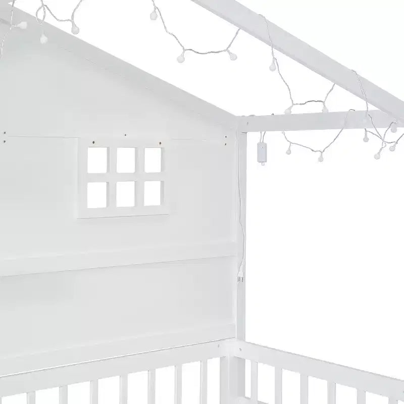 Letto a capanna per bambini con scaffali e sponde, Struttura letto in legno stile Montessori per bambini con finestra e striscia luminosa scintillante