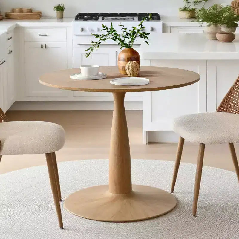 Tavolo da pranzo rotondo moderno con base a piedistallo con finitura effetto legno, tavolino da caffè piccolo per appartamento, sala da pranzo e salotto-Panipeachy
