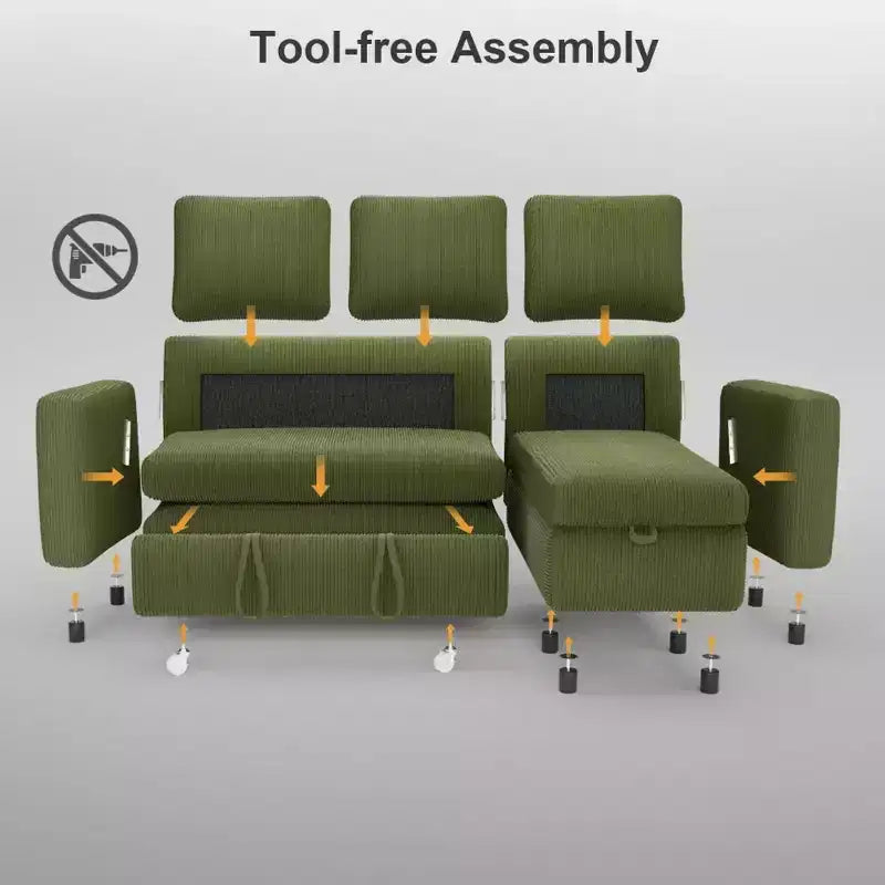 Divano Letto Estraibile 2 in 1 Dyonery con Chaise Longue Contenitore e USB, Divano Angolare in Velluto a Coste per Soggiorno