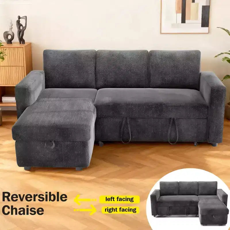 Divano Letto Estraibile 2 in 1 con Chaise Longue Contenitore, Divano Componibile in Ciniglia con Porte USB per Soggiorno