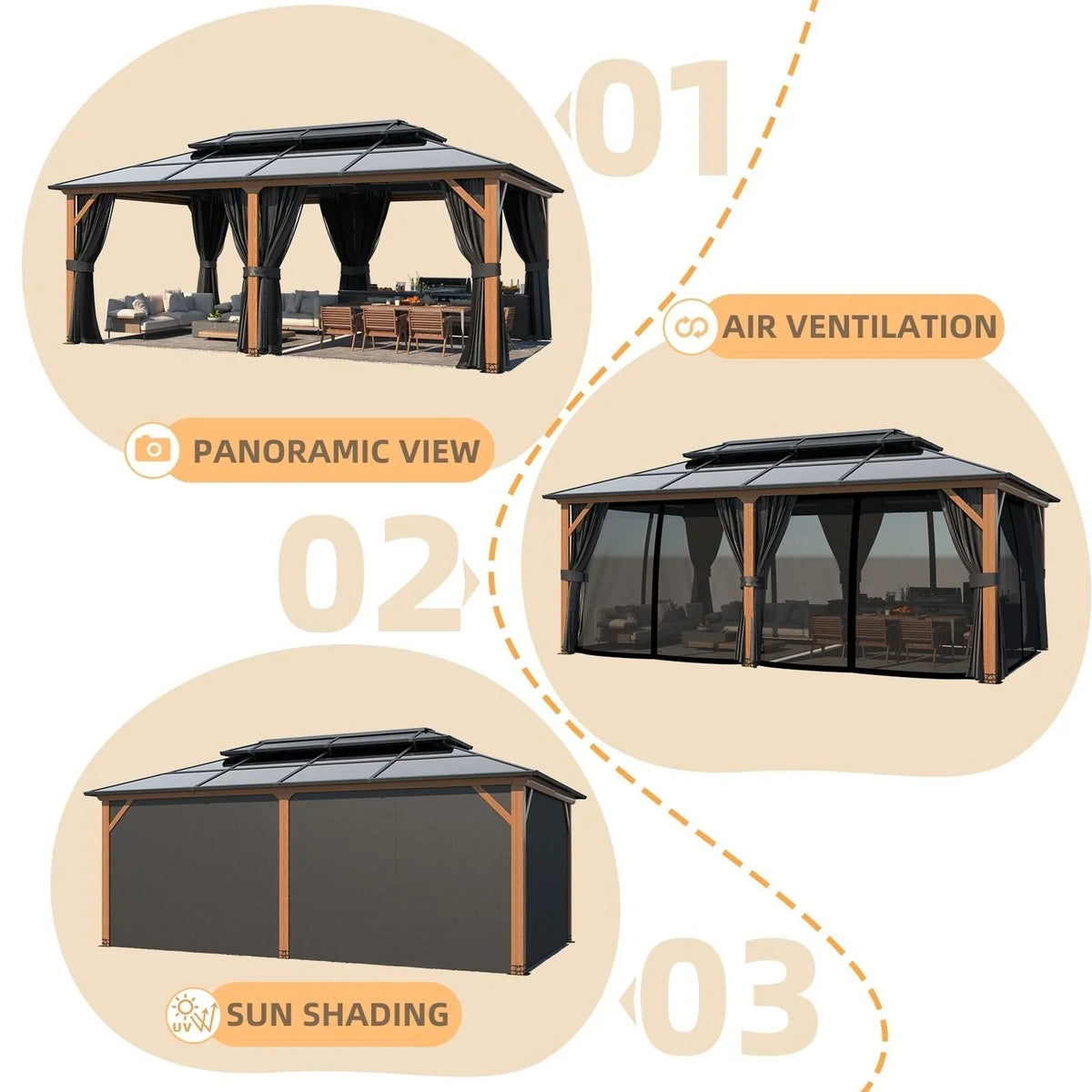 EROMMY Gazebo a tetto rigido, Pergola da esterno con doppio tetto, zanzariere e tende, Tenda da sole resistente per patio, cortile, feste in piscina