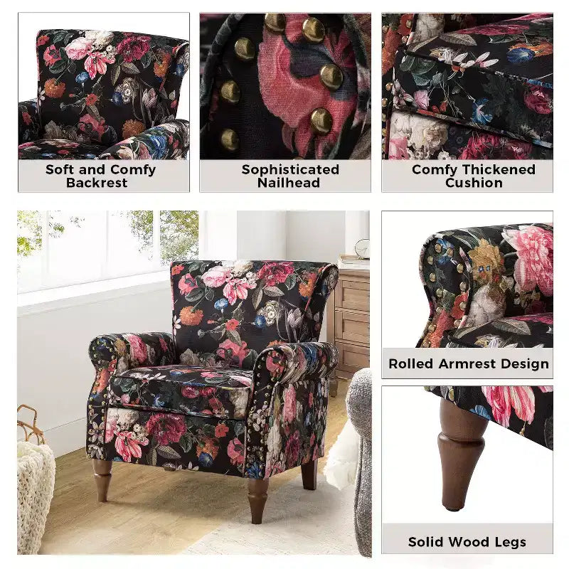 Poltrona Araceli Tradizionale in Legno Imbottita Floreale con Schienale Alto e Borchie | ART OF LIVING DESIGNS