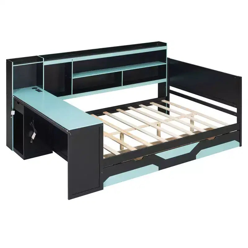 Daybed da gioco completo/queen size con testiera libreria, luci LED, scrivania integrata, cassetti e stazione di ricarica