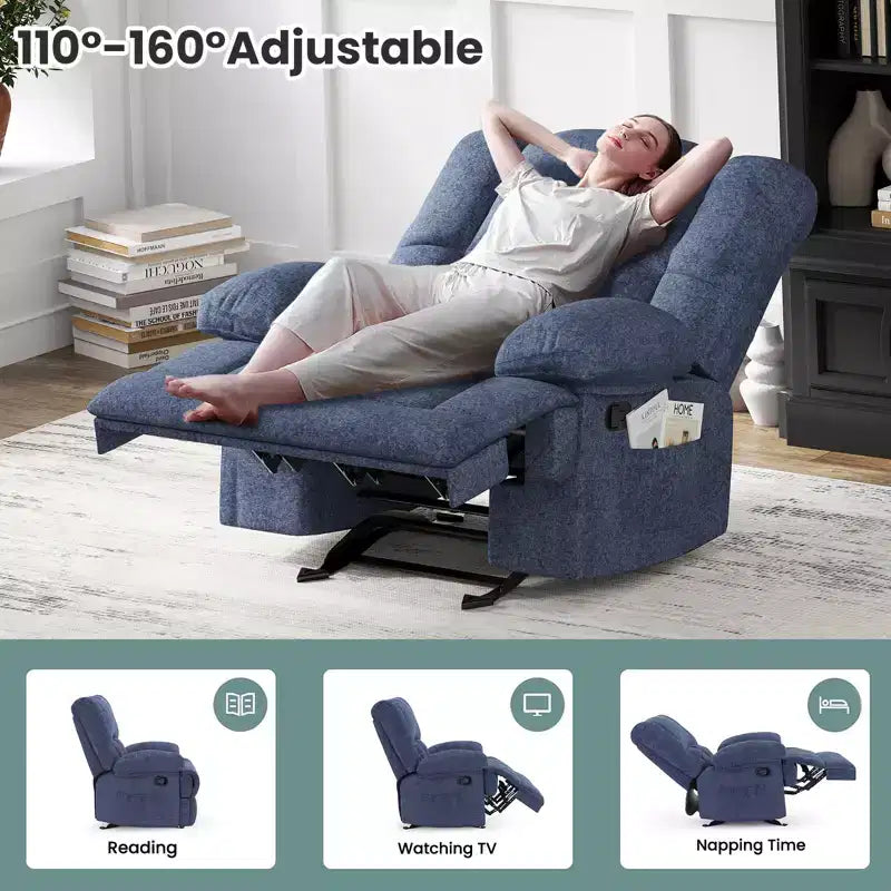 Poltrona reclinabile a dondolo oversize blu con rivestimento in ciniglia
