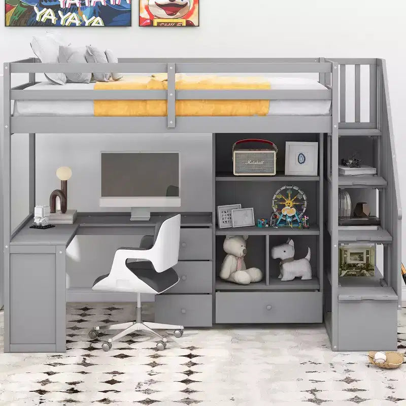 Letto a soppalco singolo con scrivania a L, 3 cassetti, armadio, contenitore per scale, struttura in pino massiccio/MDF