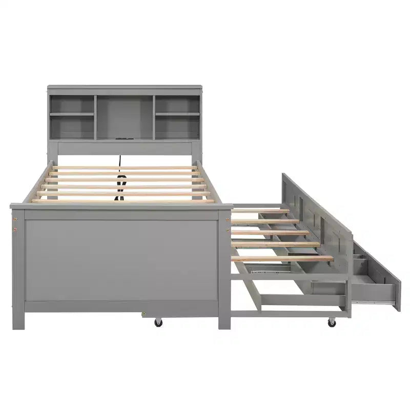 Letto a piattaforma con letto estraibile e cassetti, Letto a piattaforma contenitore con USB, Letto a piattaforma in legno con libreria