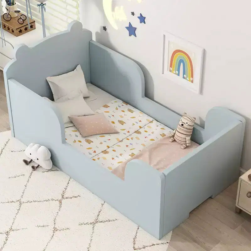 Letto a terra a forma di orso Okak per bambini dai 3 ai 6 anni, telaio per lettino con sponda di sicurezza, grazioso letto per bambini a forma di animale