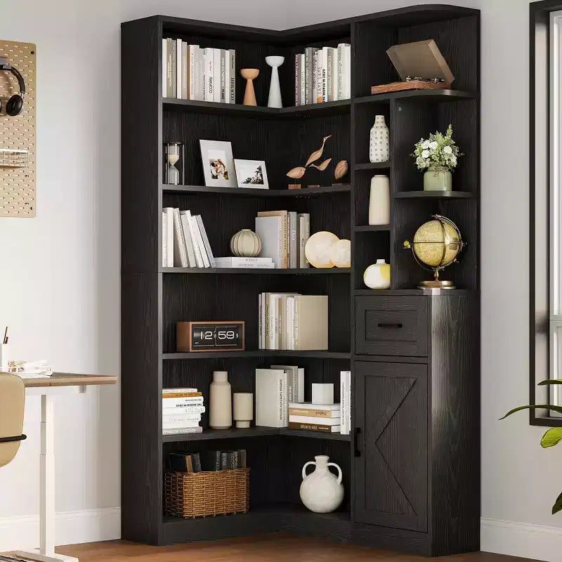 Libreria angolare, librerie angolari alte 74 pollici, libreria a forma di L a 6 livelli con ripiani aperti e cassetti portaoggetti per soggiorno o ufficio domestico