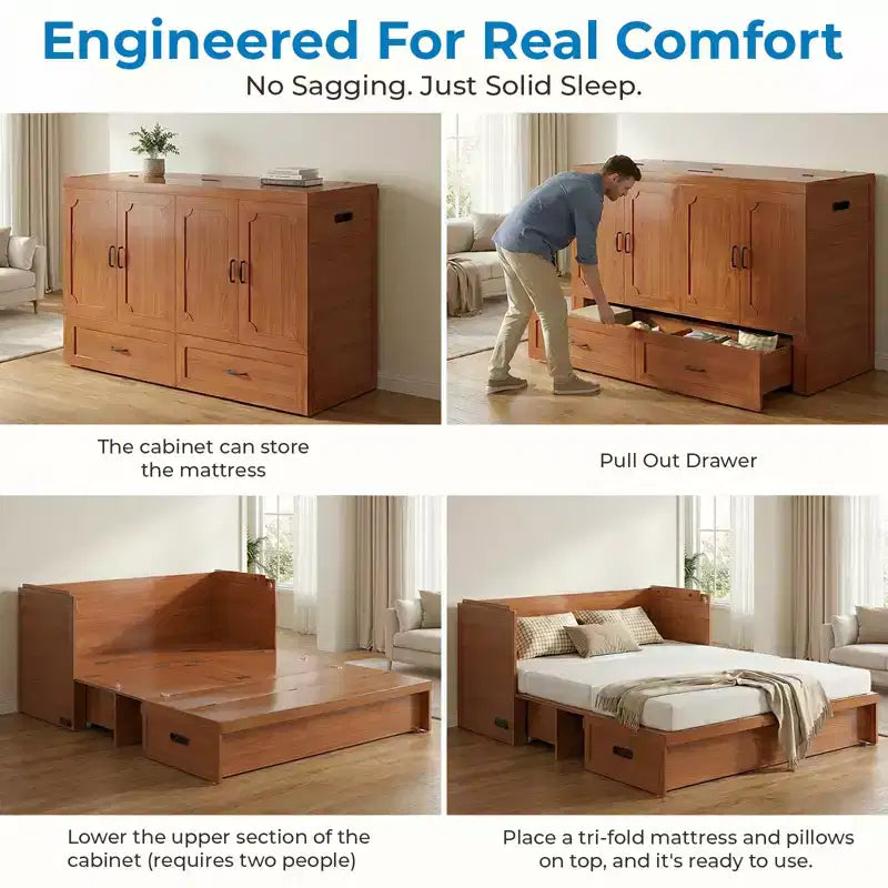 Mjkone Letto a Scomparsa Convertibile Matrimoniale Queen Size con Ricarica USB, Cassetti Contenitori, Materasso Escluso