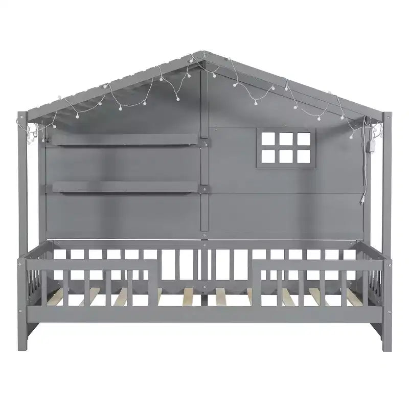 Letto a capanna per bambini con scaffali e sponde, Struttura letto in legno stile Montessori per bambini con finestra e striscia luminosa scintillante