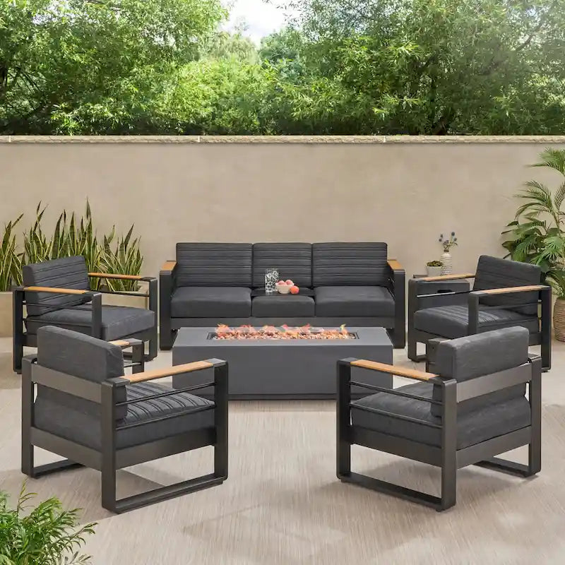 Set da conversazione per 7 persone con focolare Giovanna Outdoor in alluminio di Christopher Knight Home