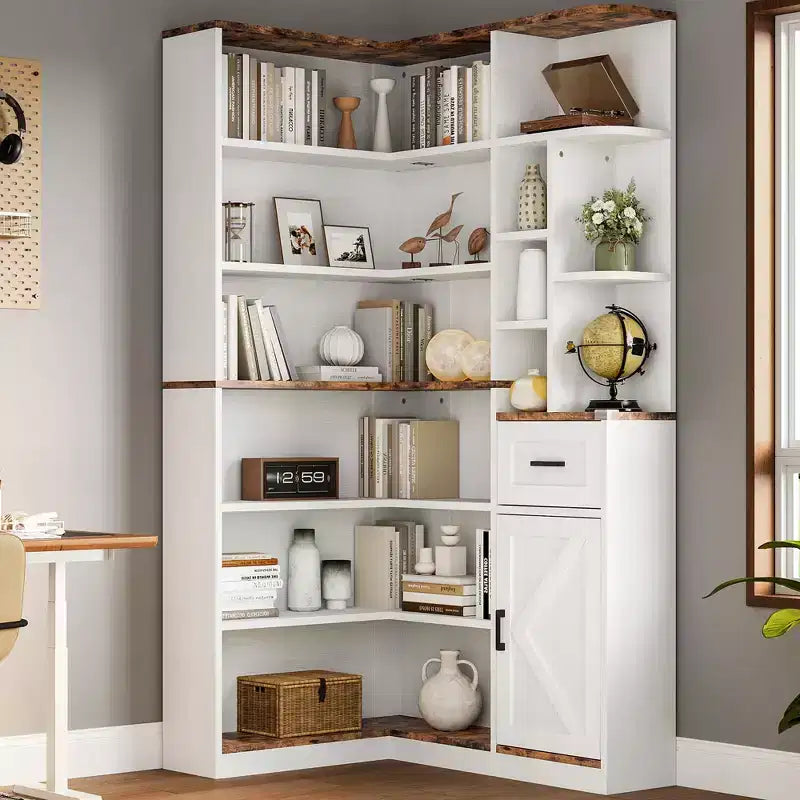 Étagère d'angle, étagères d'angle hautes de 74 po, bibliothèque en L à 6 niveaux avec étagères ouvertes et tiroirs de rangement pour le salon ou le bureau à domicile